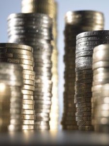 Euro Currency: Stacked coins at varying heights, close-up